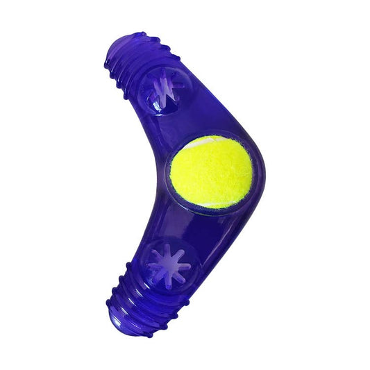 TPR boomerang dog chew toy in blue and yellow for interactive play and chewing fun