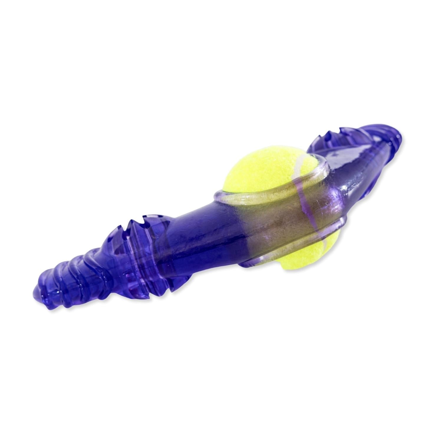 TPR boomerang dog chew toy in purple with a tennis ball for playtime and chewing fun