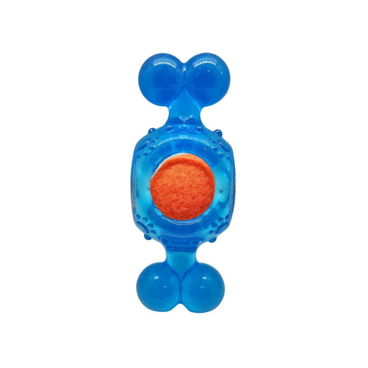 TPR squeaky tennis ball chew toy in blue for playful dogs, promoting chewing and fetching activities
