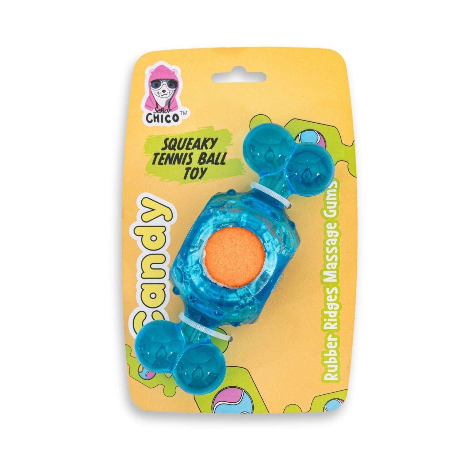 TPR squeaky tennis ball chew toy for dogs with a fun design and massage gum texture