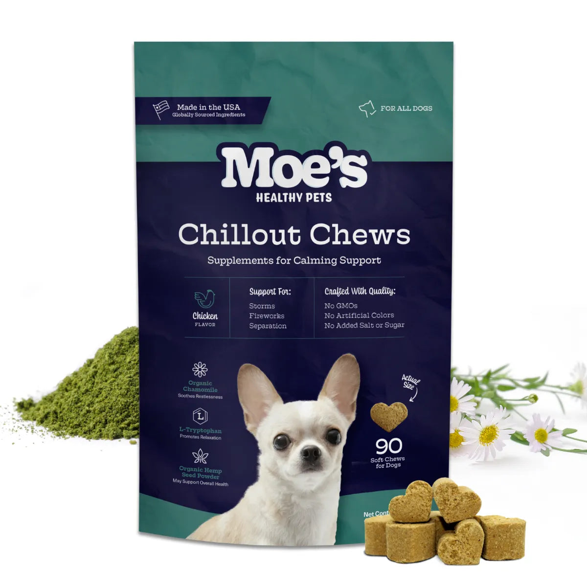 Chillout Chews by Purrfect Pet Kingdom, chicken flavor, vibrant packaging, perfect for calming pets. 27.99 price tag visible.