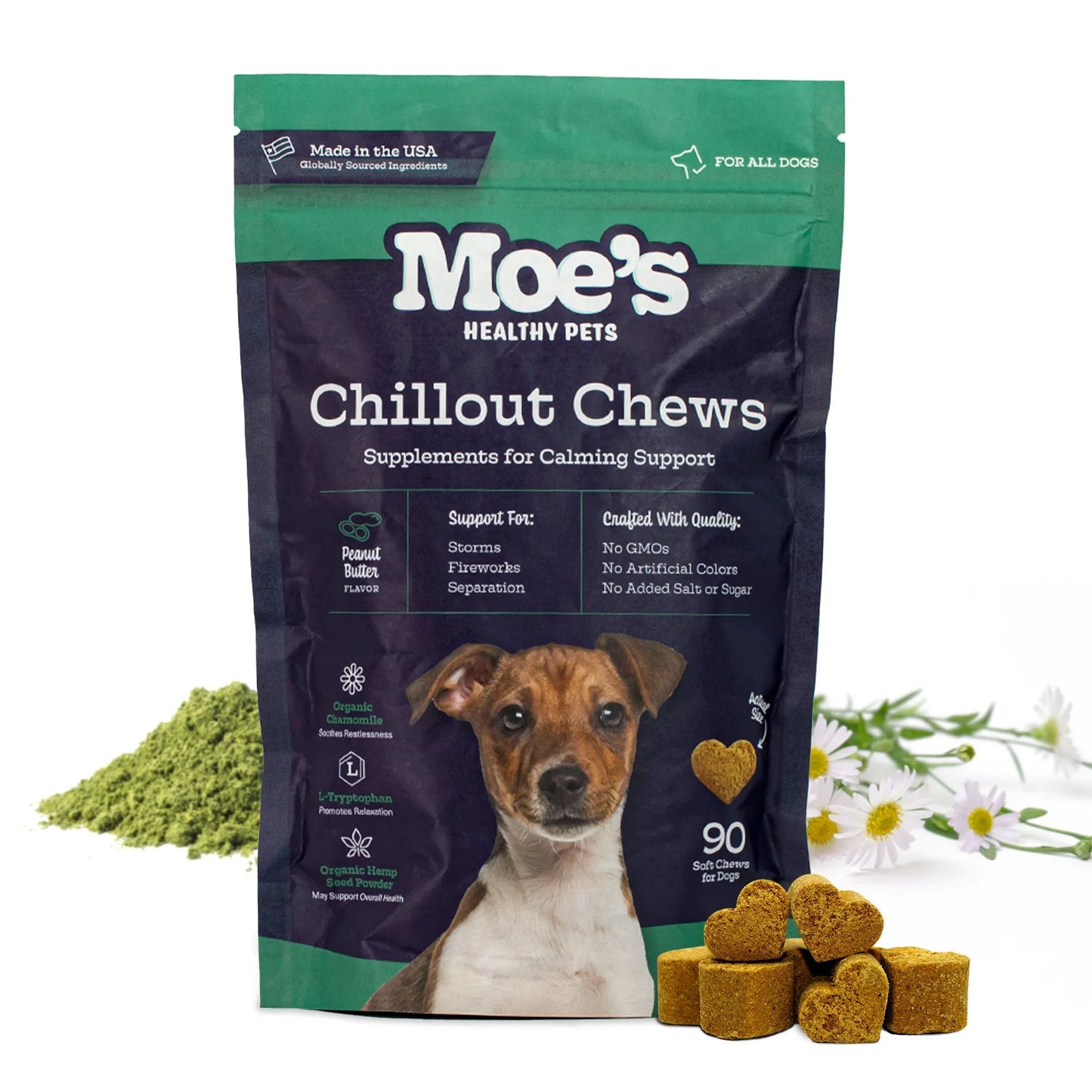Chillout Chews by Purrfect Pet Kingdom in chicken flavor, featuring a vibrant packaging design, ideal for calming pets.