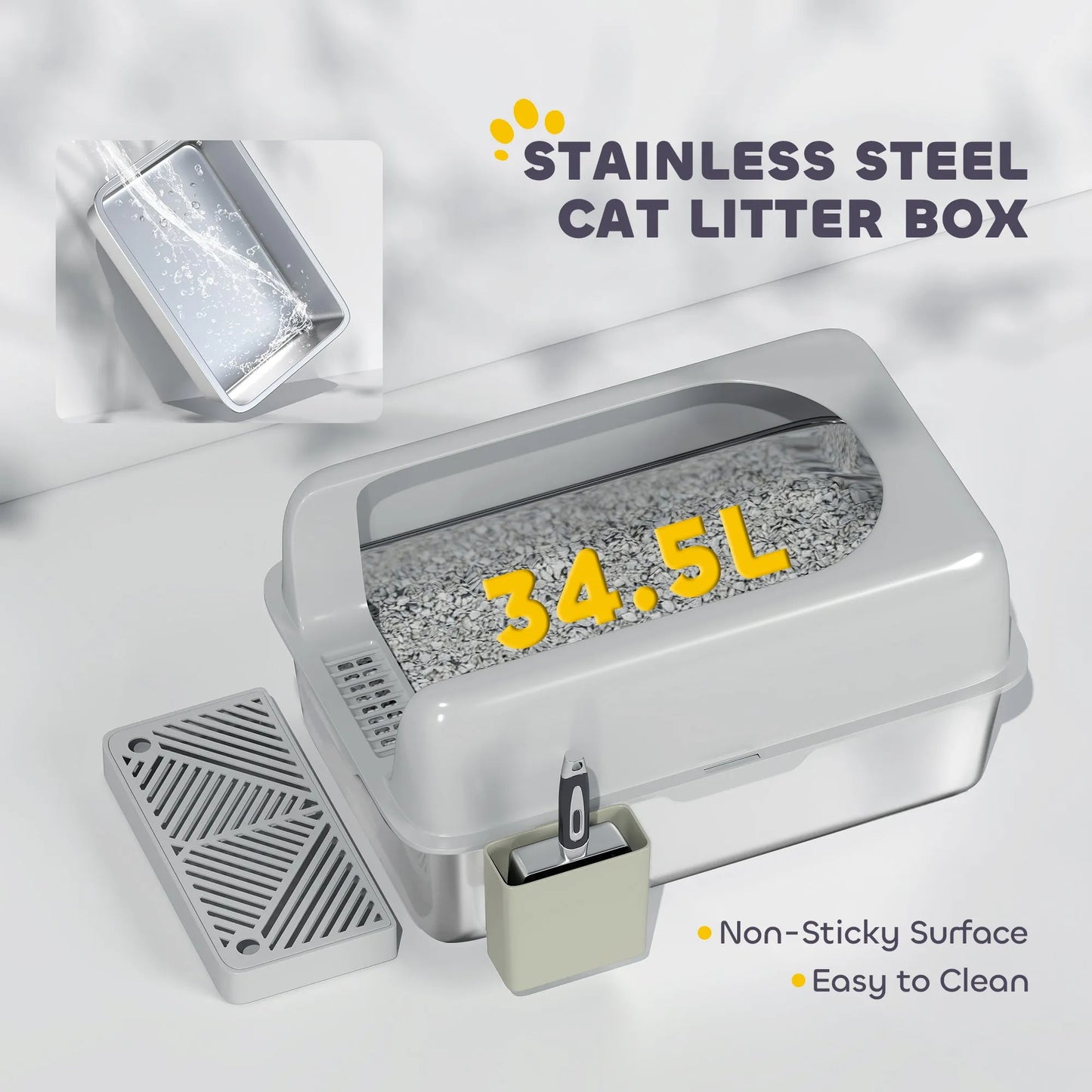 China - XL Stainless Steel Litter Box - High-Sided Anti-Leak Pan - Cat Litter Boxes