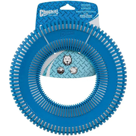 Chuck It Rugged Flyer dog frisbee in blue, designed for durable play and tough chewing