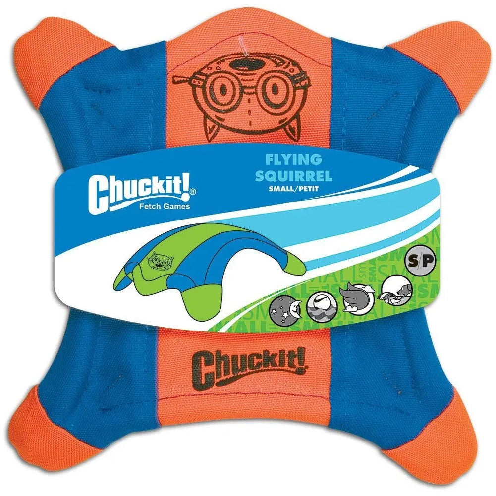 Chuckit Flying Squirrel dog toy in blue and orange with a soft design for outdoor fetch games
