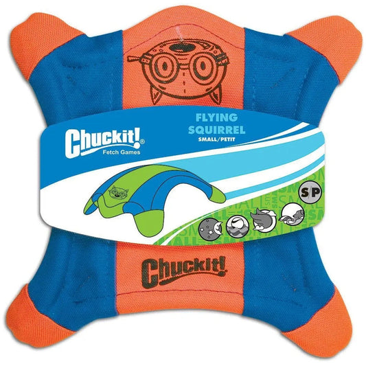 Chuckit Flying Squirrel dog toy in blue and orange with a soft design for outdoor fetch games