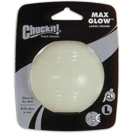 Chuckit Max Glow Ball for dogs, glowing in the dark, perfect for night playtime