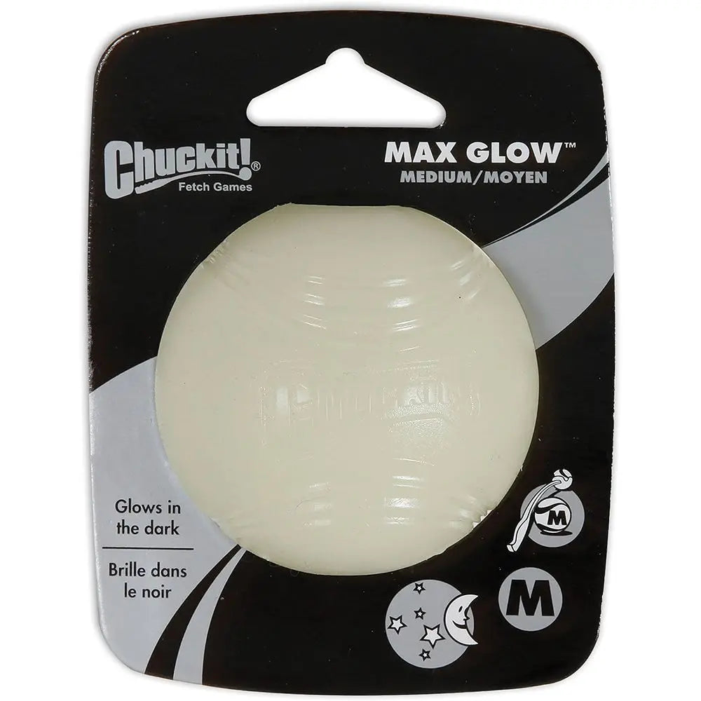 Chuckit Max Glow Ball for dogs, glowing fetch toy ideal for nighttime play in medium size