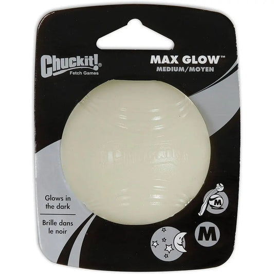 Chuckit Max Glow Ball for dogs, glowing fetch toy ideal for nighttime play in medium size
