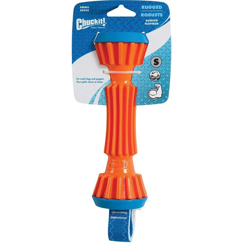 Chuckit rugged bumper dog toy in bright orange and blue, ideal for fetching and water play