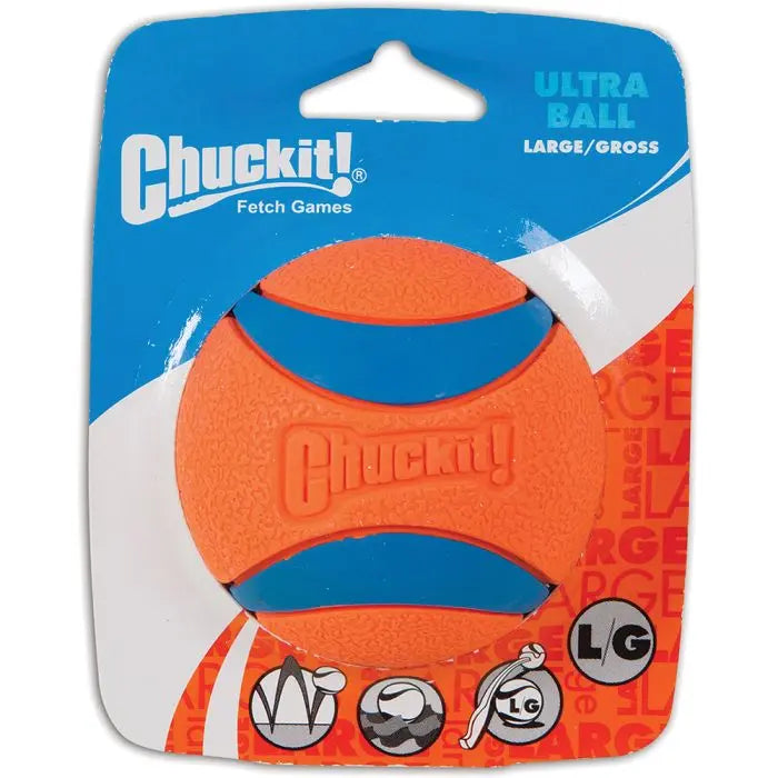Chuckit Ultra Ball large in orange and blue packaging for dog playtime and fetching activities