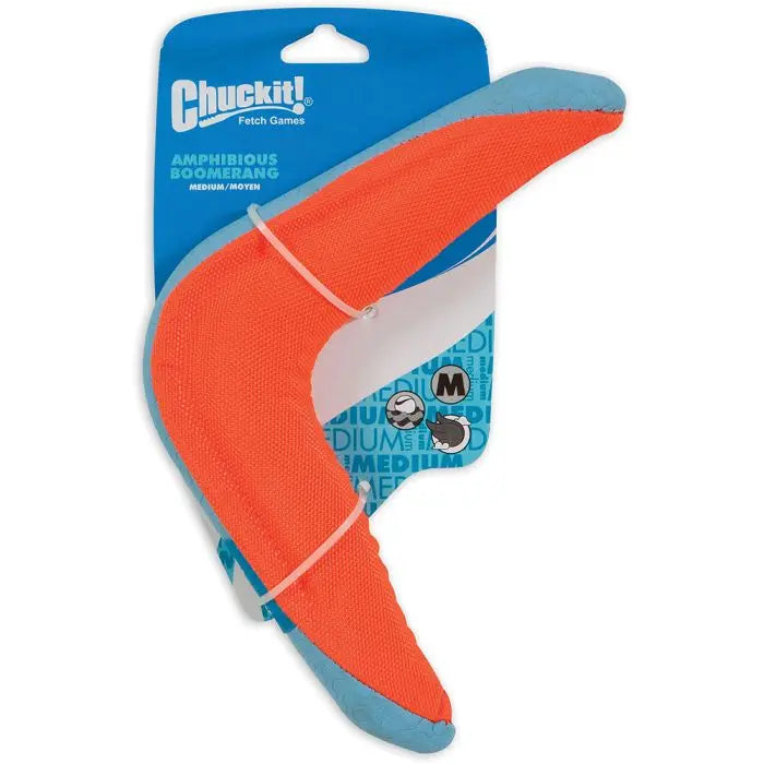 Chuckit water fetch toy for dogs in orange and blue boomerang shape for outdoor fun