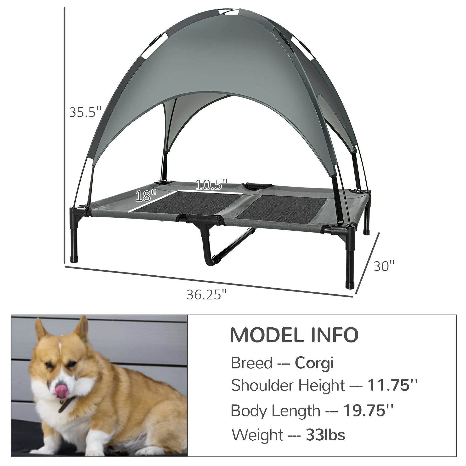 Cj Dropshipping - 36" Elevated Outdoor Dog Bed with Canopy - Grey - Pet Cots