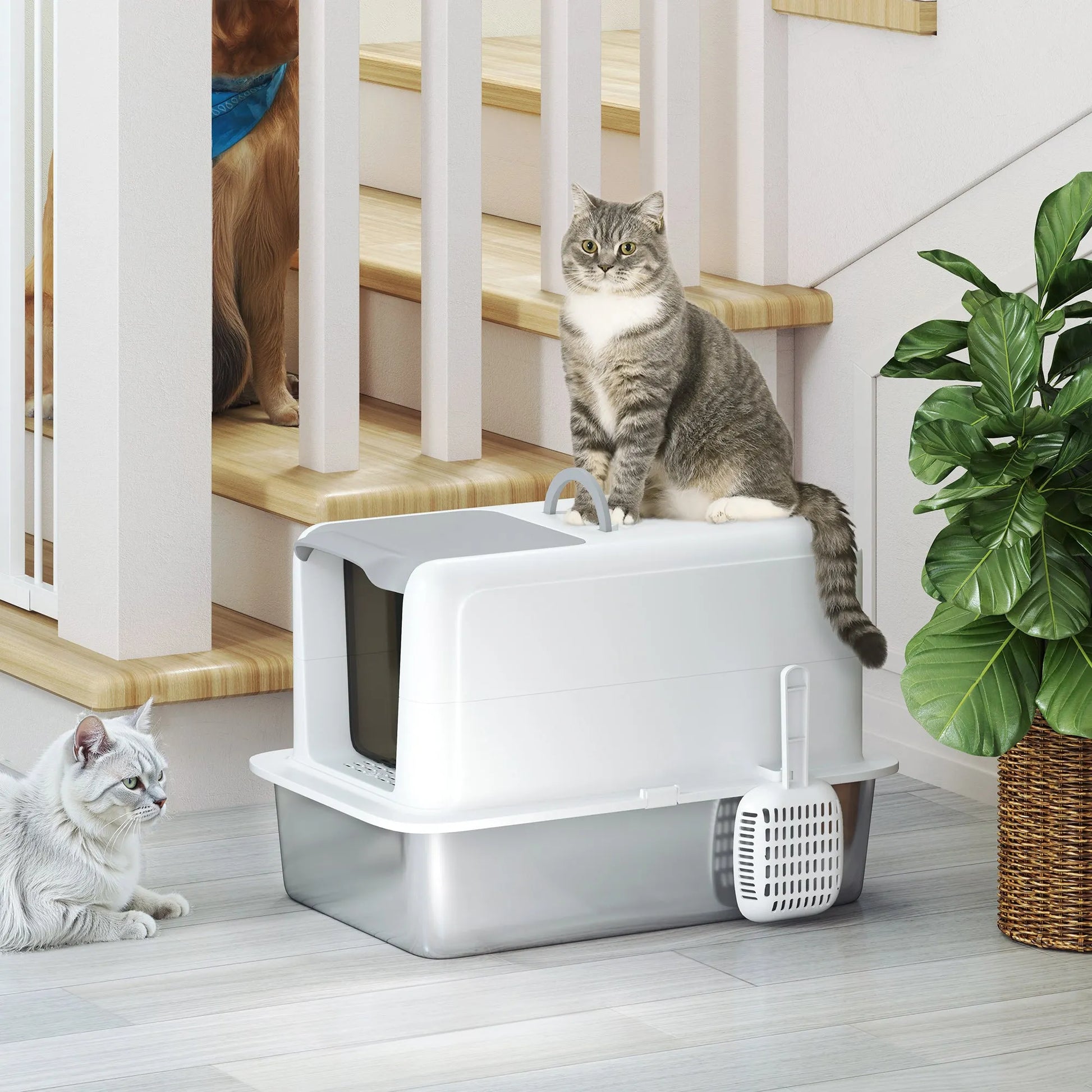 CJ Dropshipping - Cat Litter Box Stainless Steel – 2-in-1 Enclosed Sifting Pan - Cat Litter Boxes