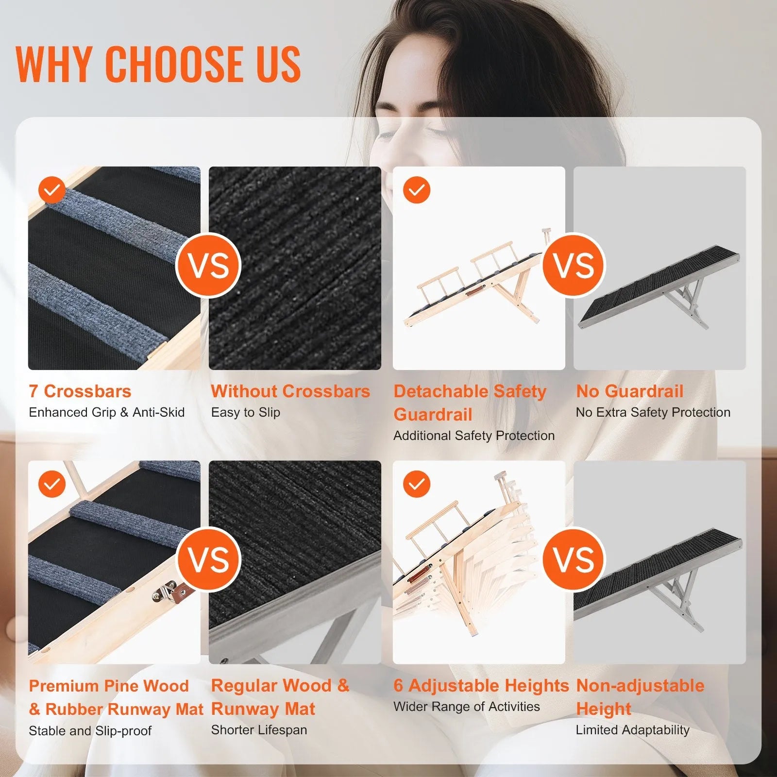 CJ Dropshipping - Dog Ramp, Folding Pet Ramp For Bed, Adjustable Dog Ramp For Small, Large, Old Dogs & Cats, Wooden Pet Ra...