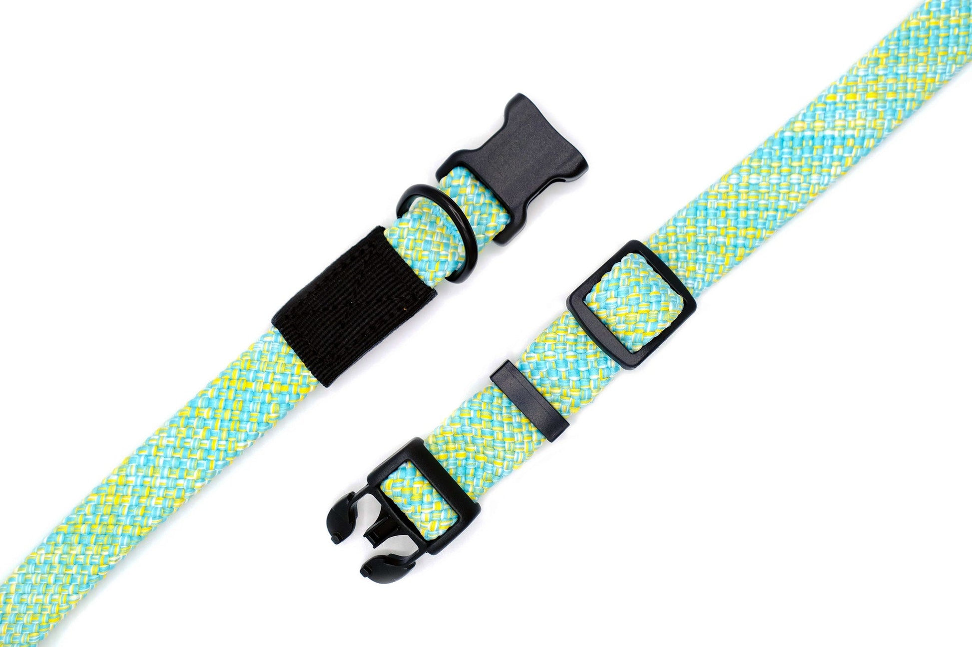Purrfect Pet Kingdom climbing rope dog collar in blue and yellow with secure buckle and adjustable straps