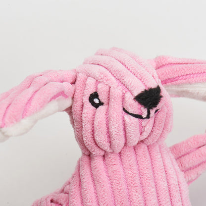 Pink corduroy plush rabbit cat toy with stitched black face and white inner ears from Purrfect Pet Kingdom.