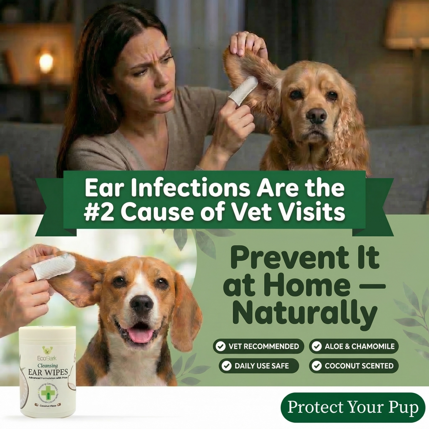 Dog Supply Natural Ear Finger Wipes EcoBark Coconut Essentia - gallery product image for dog supply