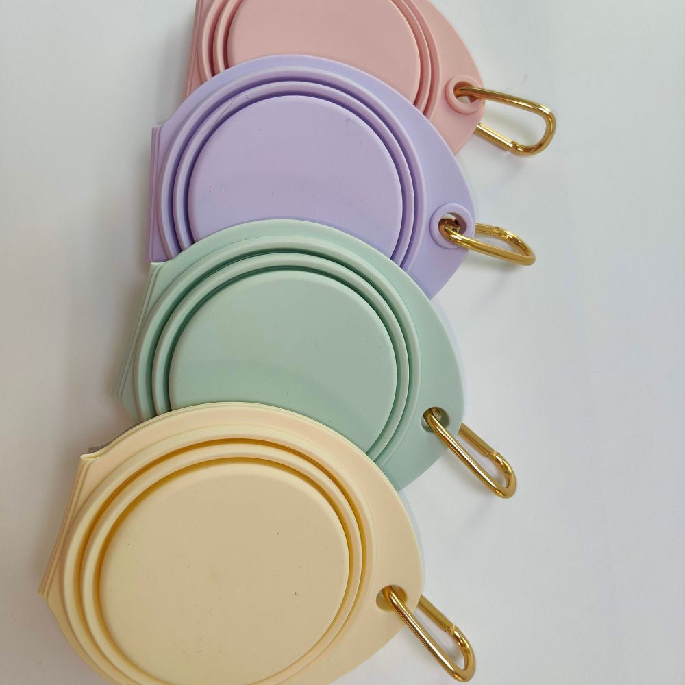 Set of Collapsible Double Pet Bowls in pastel colors with gold hooks for easy carrying and storage