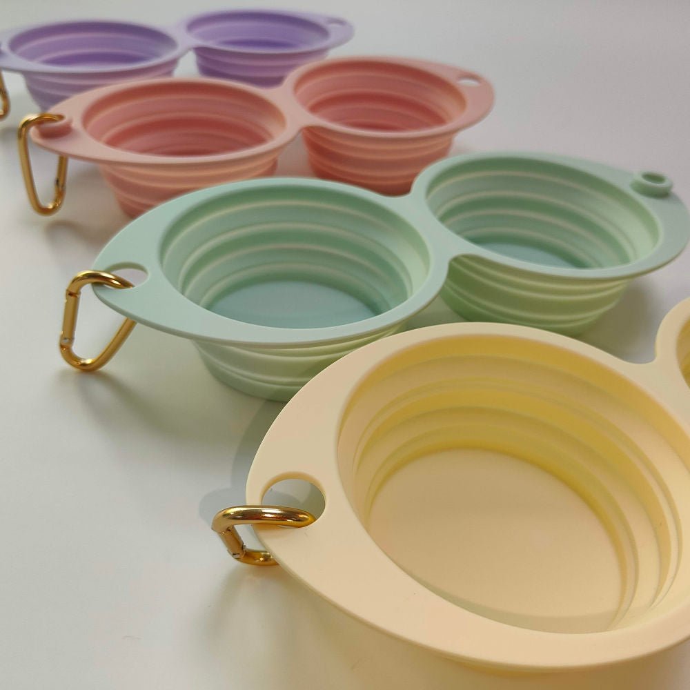 Colorful Collapsible Double Pet Bowl set in pastel shades perfect for feeding and watering pets