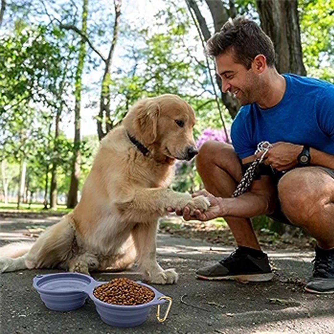 Tilley + Me Collapsible Double Pet Bowl in use with a dog enjoying a meal outdoors