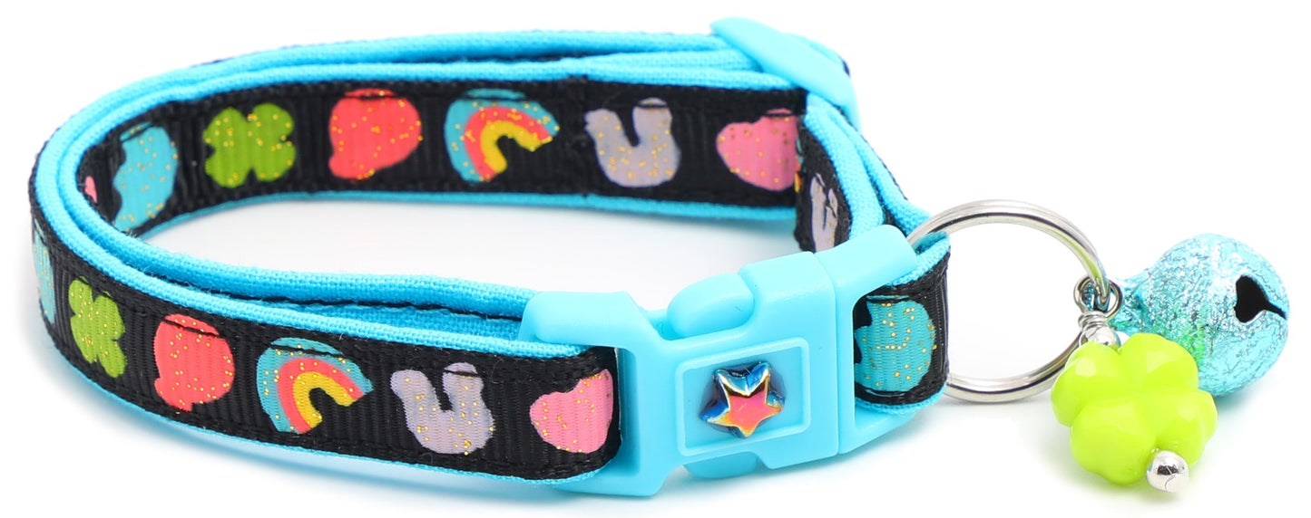Colorful marshmallow design cat collar from Tail Chasers with vibrant patterns and a bell