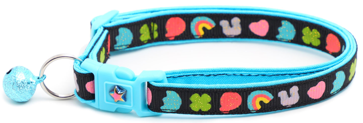 Colorful marshmallow design cat collar by Tail Chasers featuring vibrant patterns and a trendy buckle