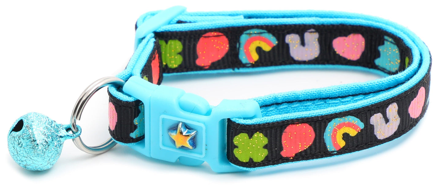 Colorful marshmallow design cat collar by Tail Chasers with a bell and a vibrant pattern