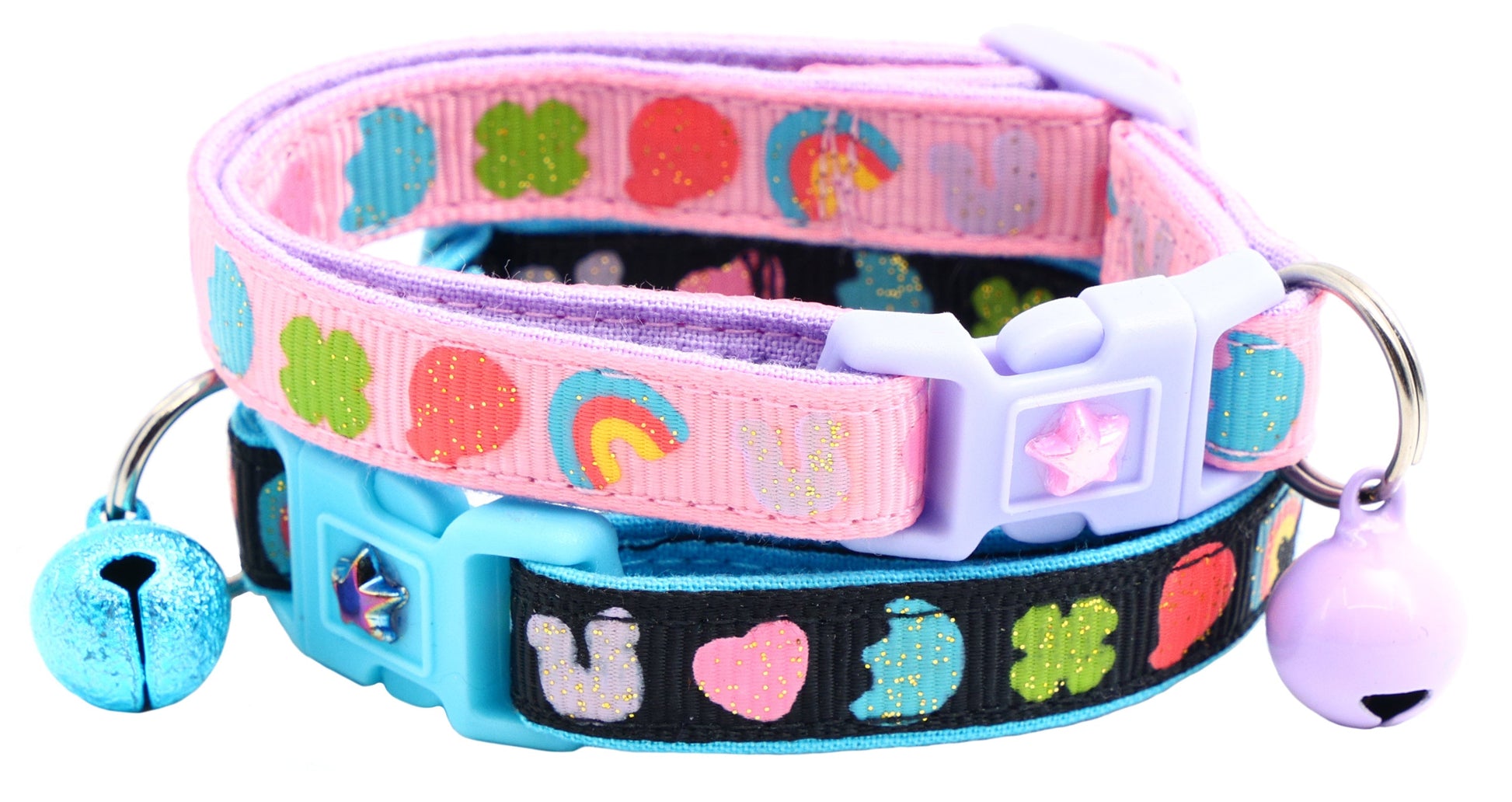 Colorful marshmallow design cat collar set with cheerful patterns and bells for stylish cats