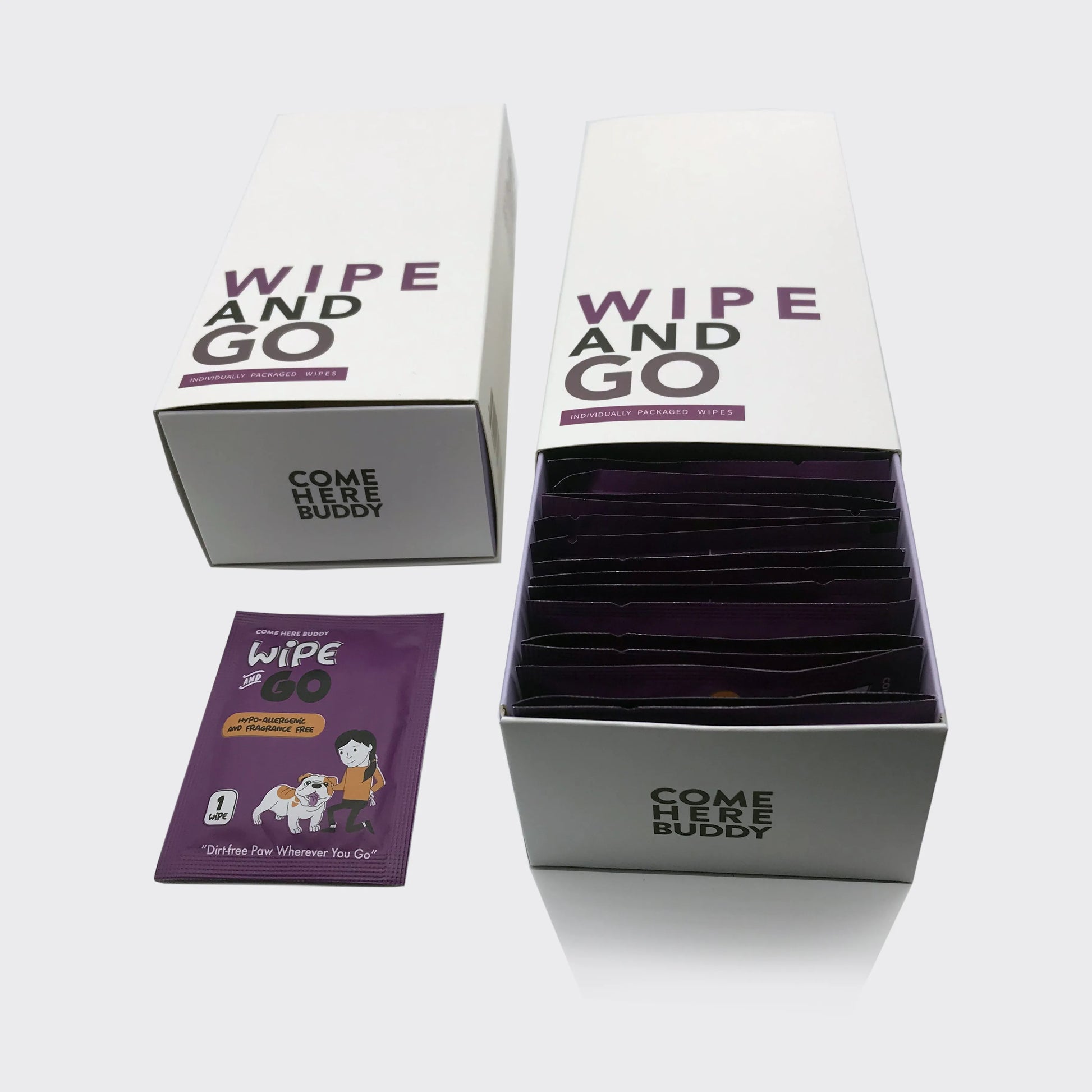 Come Here Buddy Individually Packaged Dog Wipes in travel size, budget-friendly, perfect for dogs and cats, priced at $11.99.