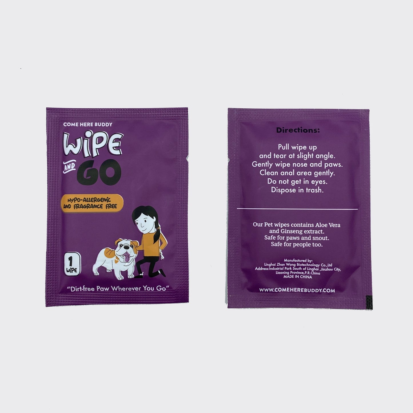 Come Here Buddy Individually Packaged Dog Wipes in travel size, budget-friendly, perfect for dogs and cats, priced at $11.99.