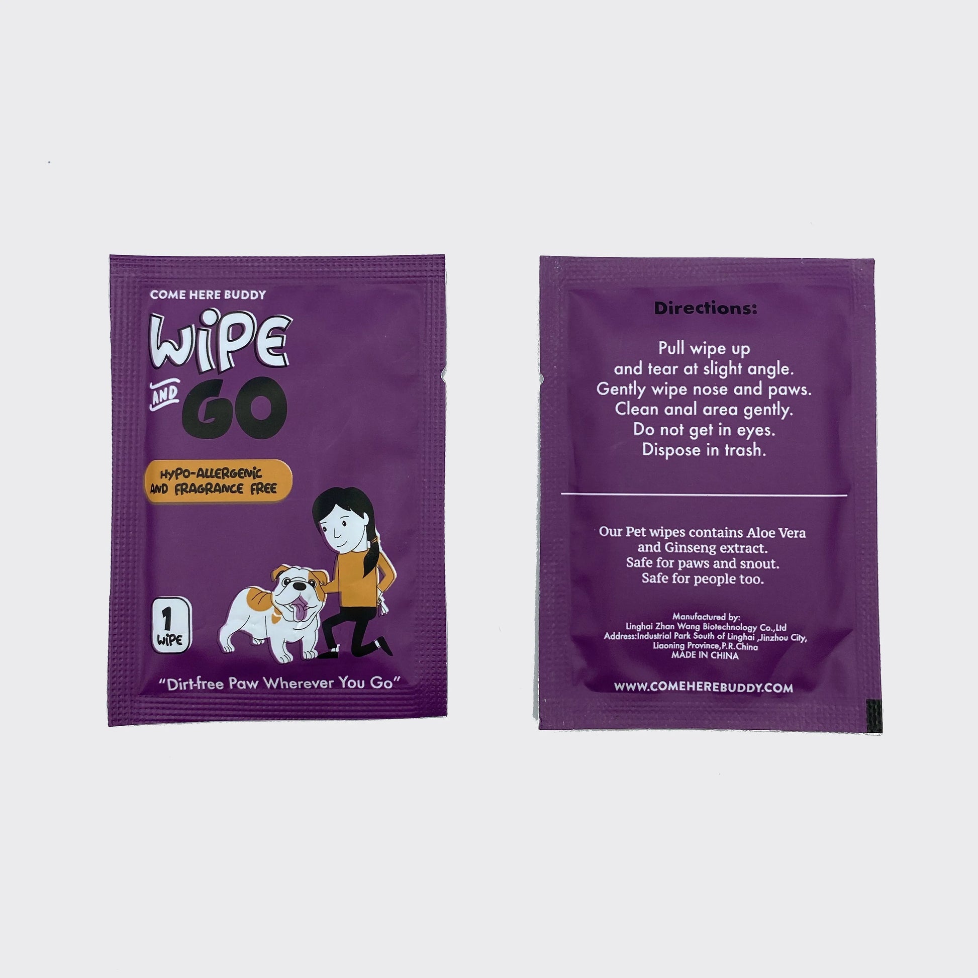 Come Here Buddy Individually Packaged Dog Wipes in travel size, budget-friendly, perfect for dogs and cats, priced at $11.99.