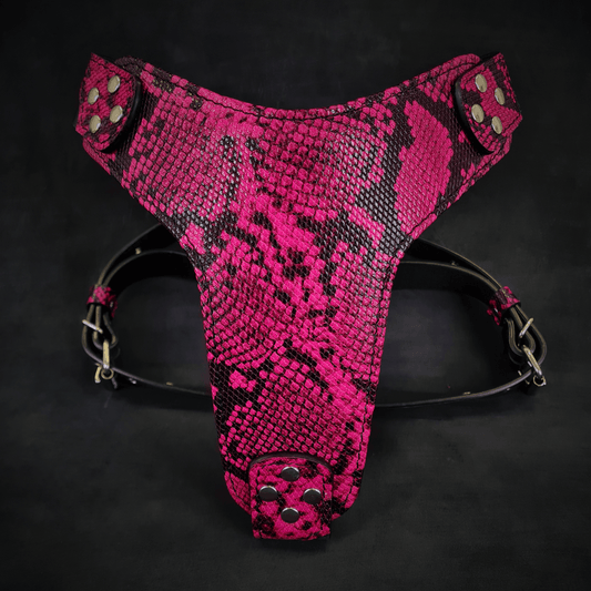 Stylish and comfortable designer dog harness in pink snake print, perfect for small breeds.