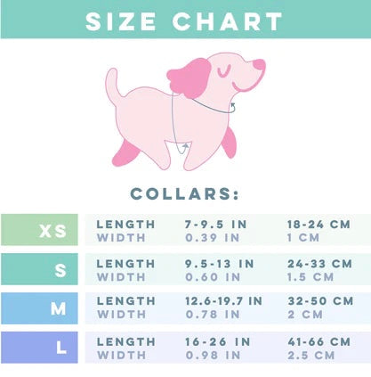 Size chart for Tail Chasers collars, including widths and lengths for comfortable dog collar for sensitive skin
