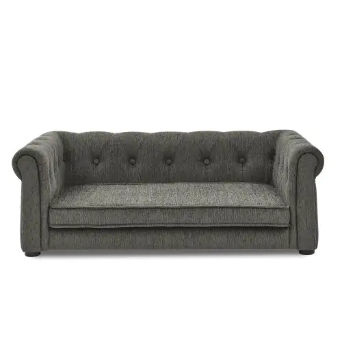 Stylish rectangle dog bed in grey upholstery, a comfortable raised dog bed for home with tufted design.