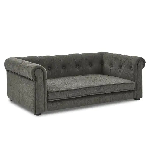 Elegant gray rectangle dog bed with tufted design, perfect as a comfortable raised dog bed for home.