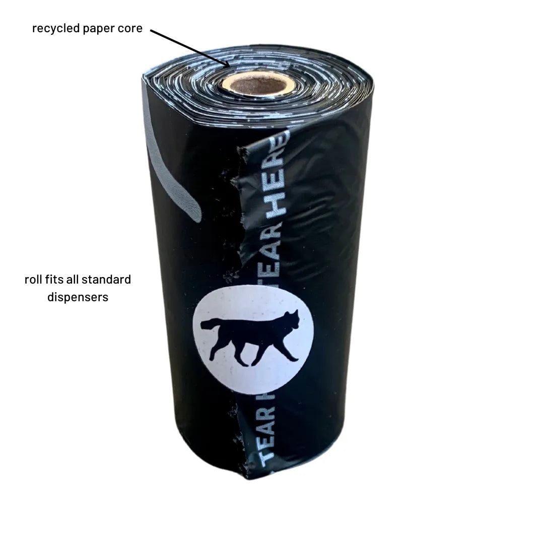 Compostable plant-based dog poop bags with bamboo dispenser from rōmng, ideal for eco-friendly pet owners, priced at $14.95.