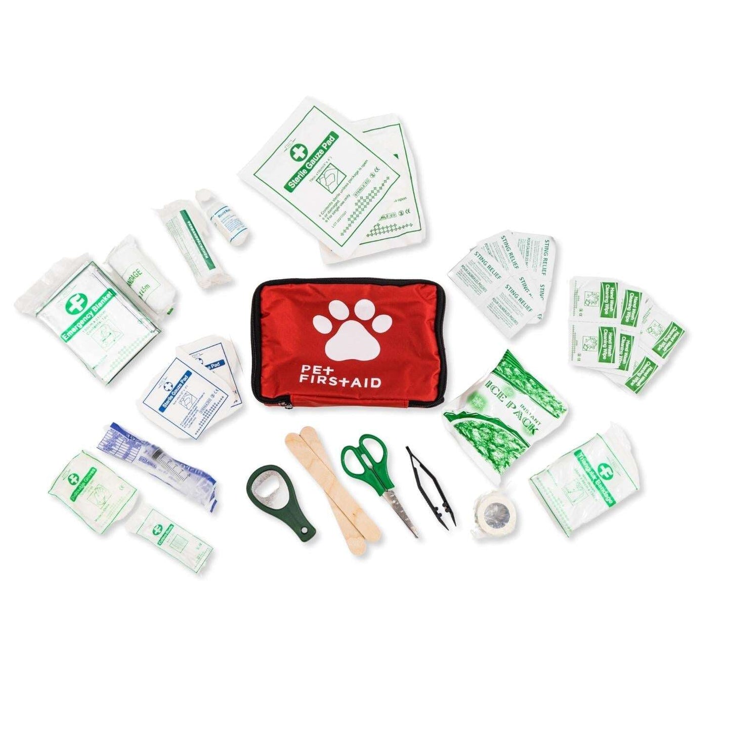 Comprehensive pet adventure first aid set with medical supplies and emergency instructions for pets
