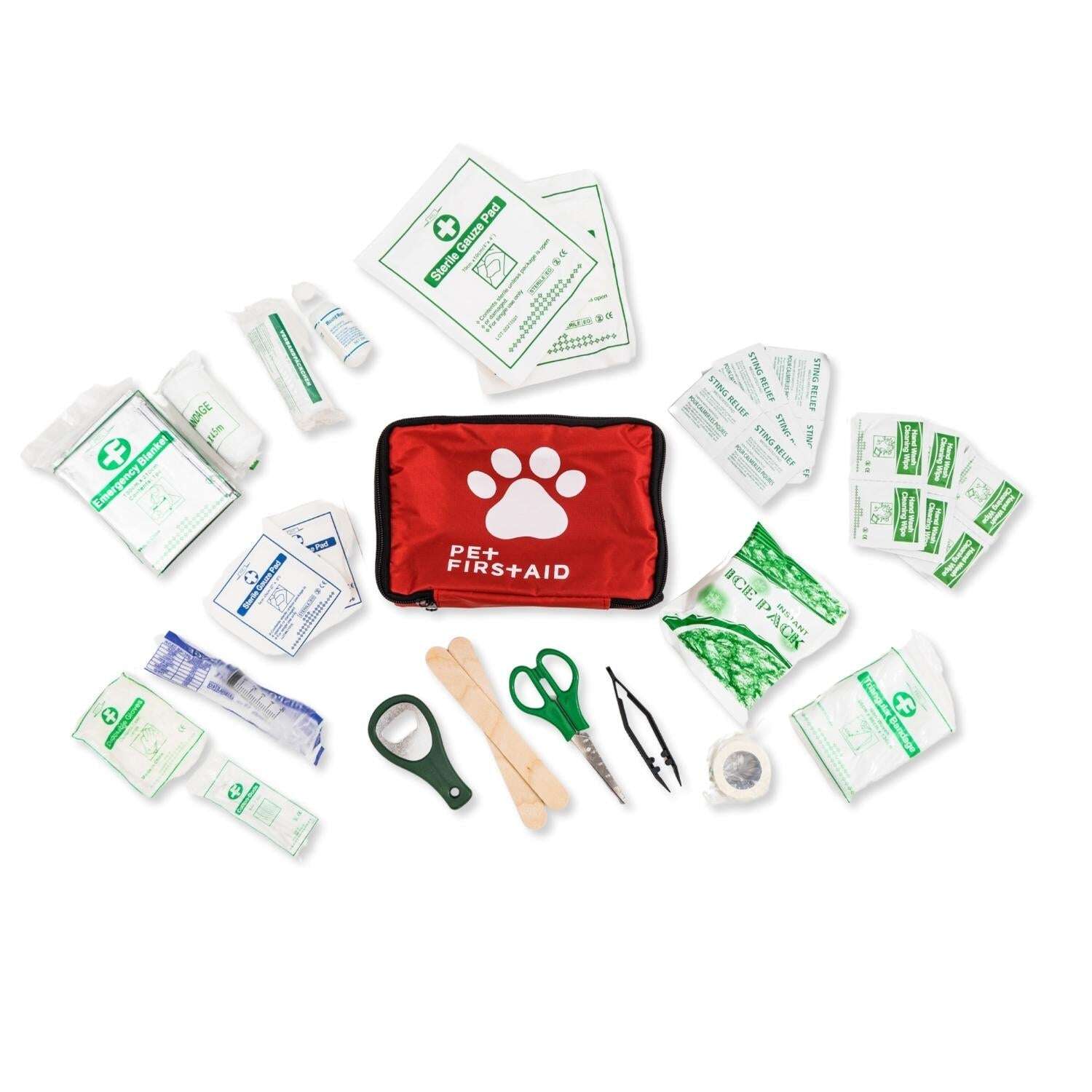 Comprehensive pet adventure first aid set with medical supplies and emergency instructions for pets