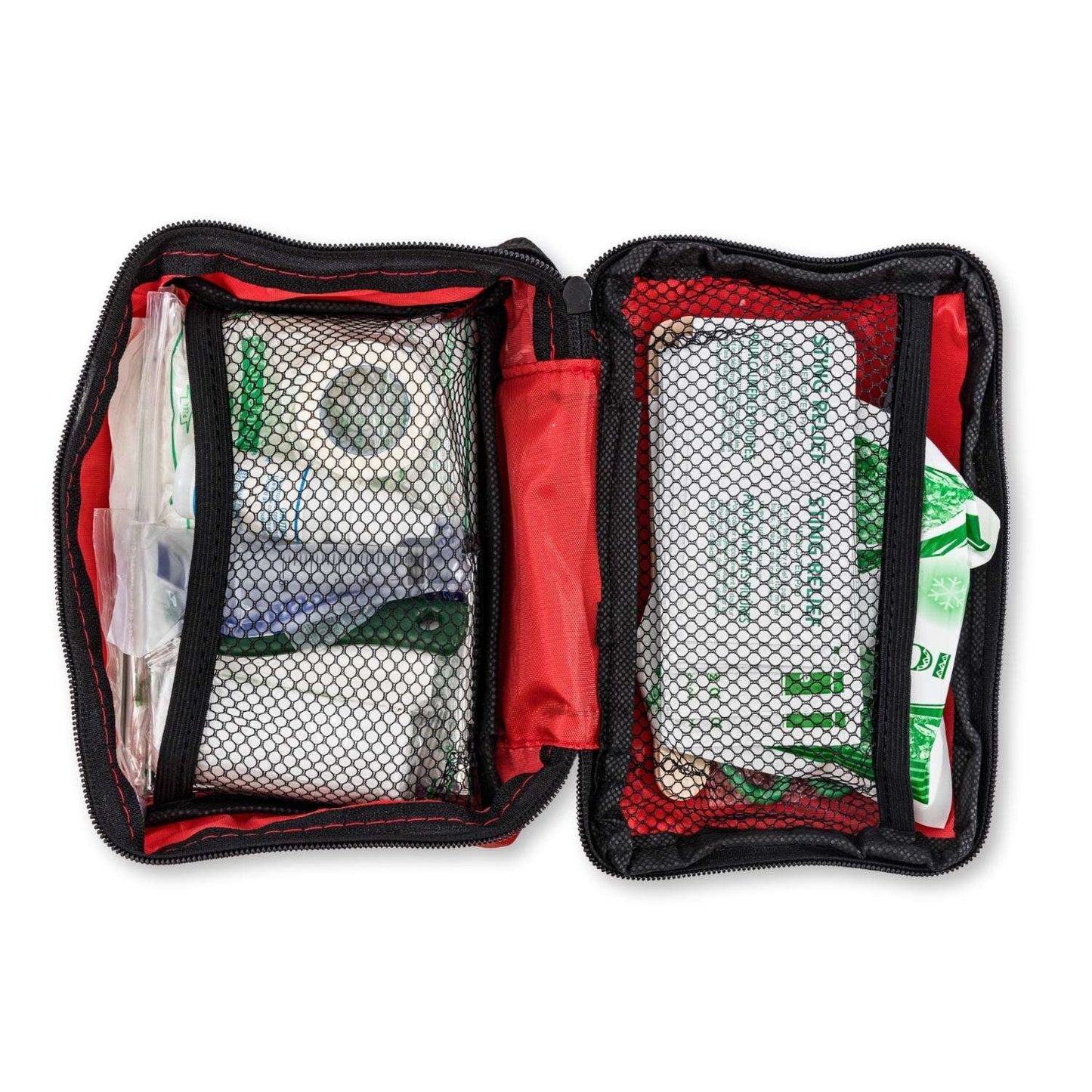 Open comprehensive pet adventure first aid set with supplies in mesh pockets for pet emergencies