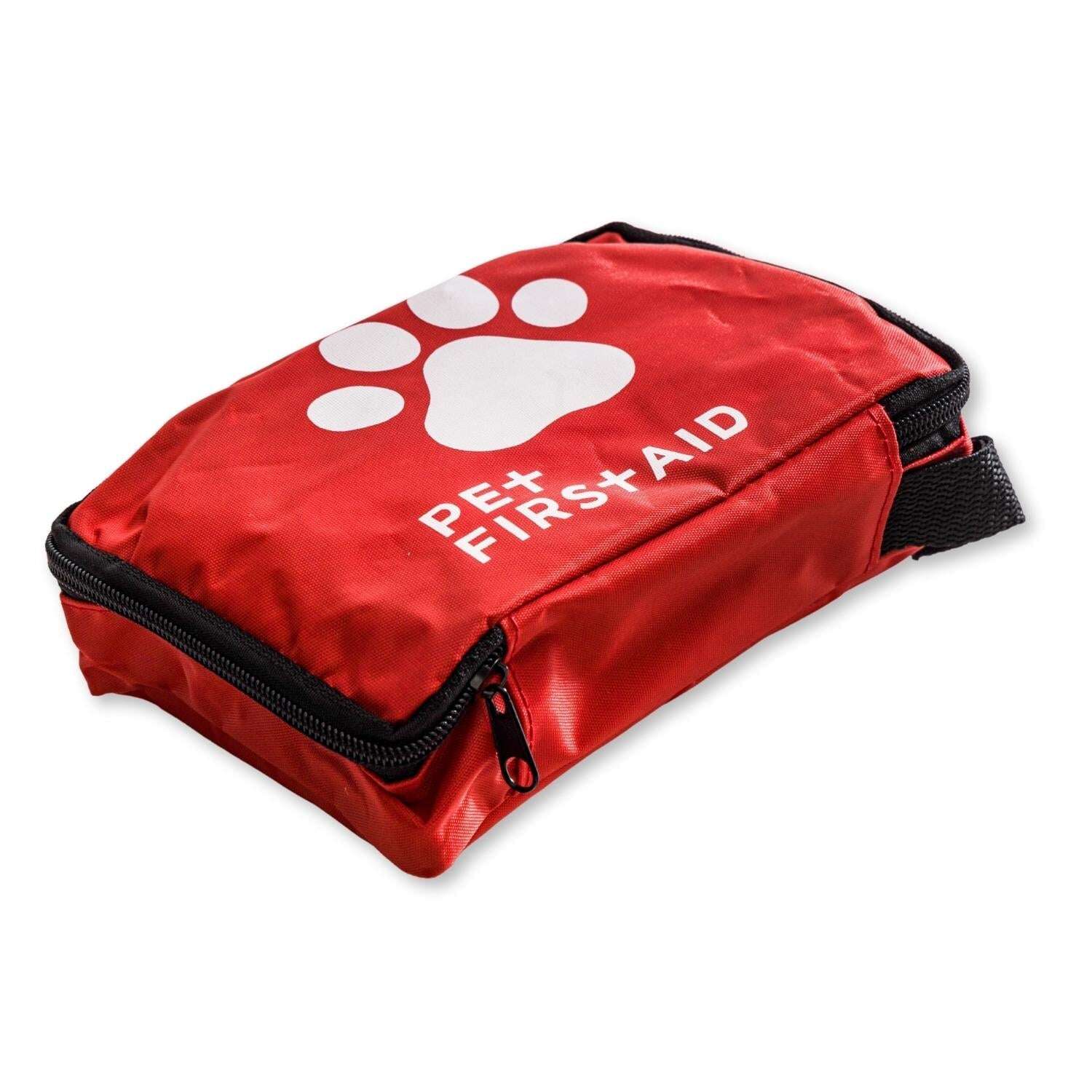 Comprehensive pet adventure first aid set in a red zippered pouch with paw print design
