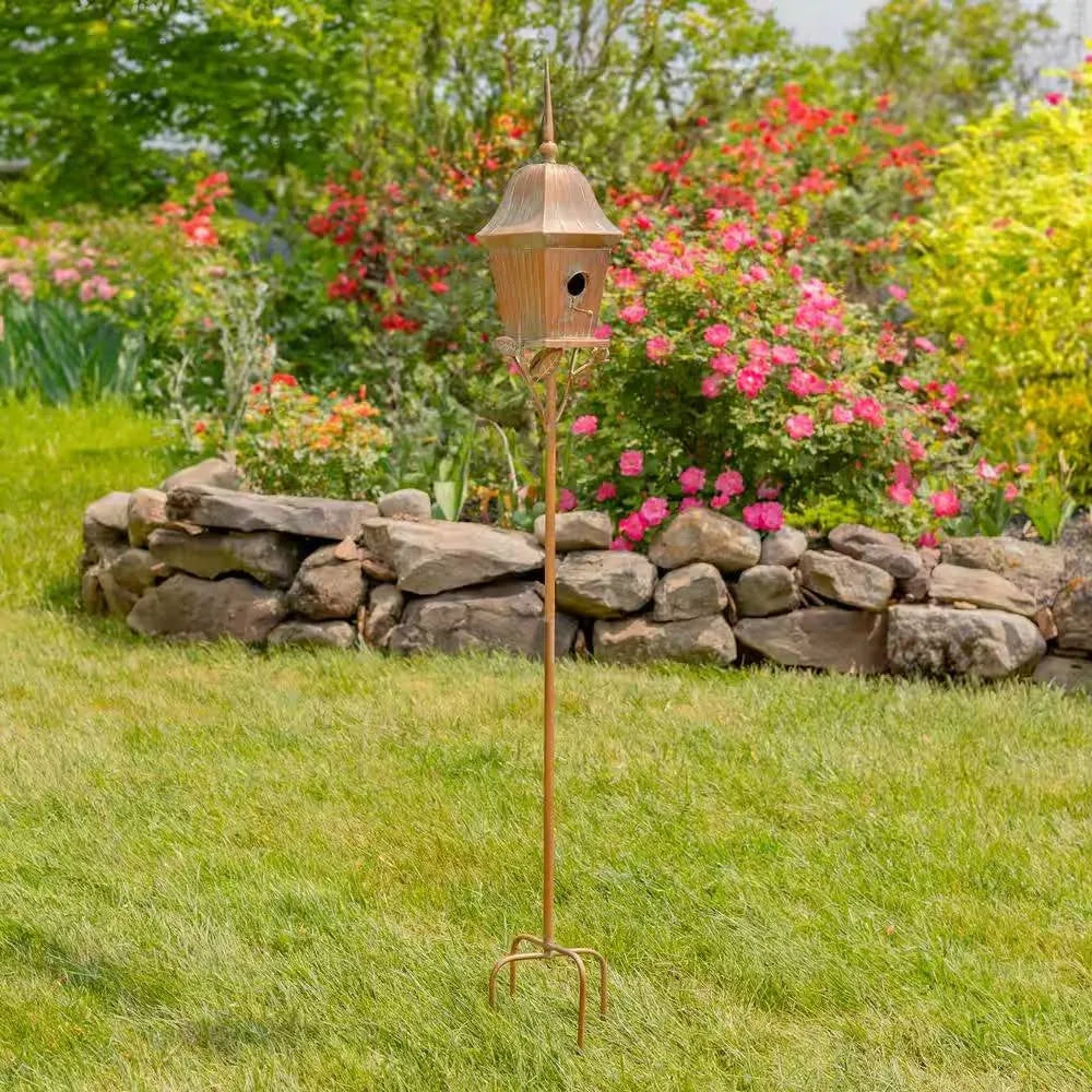 Copper finish metal garden birdhouse with stake and pole by HomePacific, perfect outdoor decor for bird lovers.