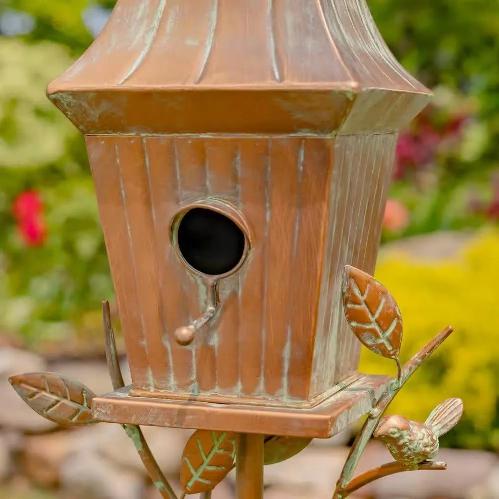 Copper finish metal garden birdhouse with stake and pole by Purrfect Pet Kingdom®, perfect for outdoor decor.