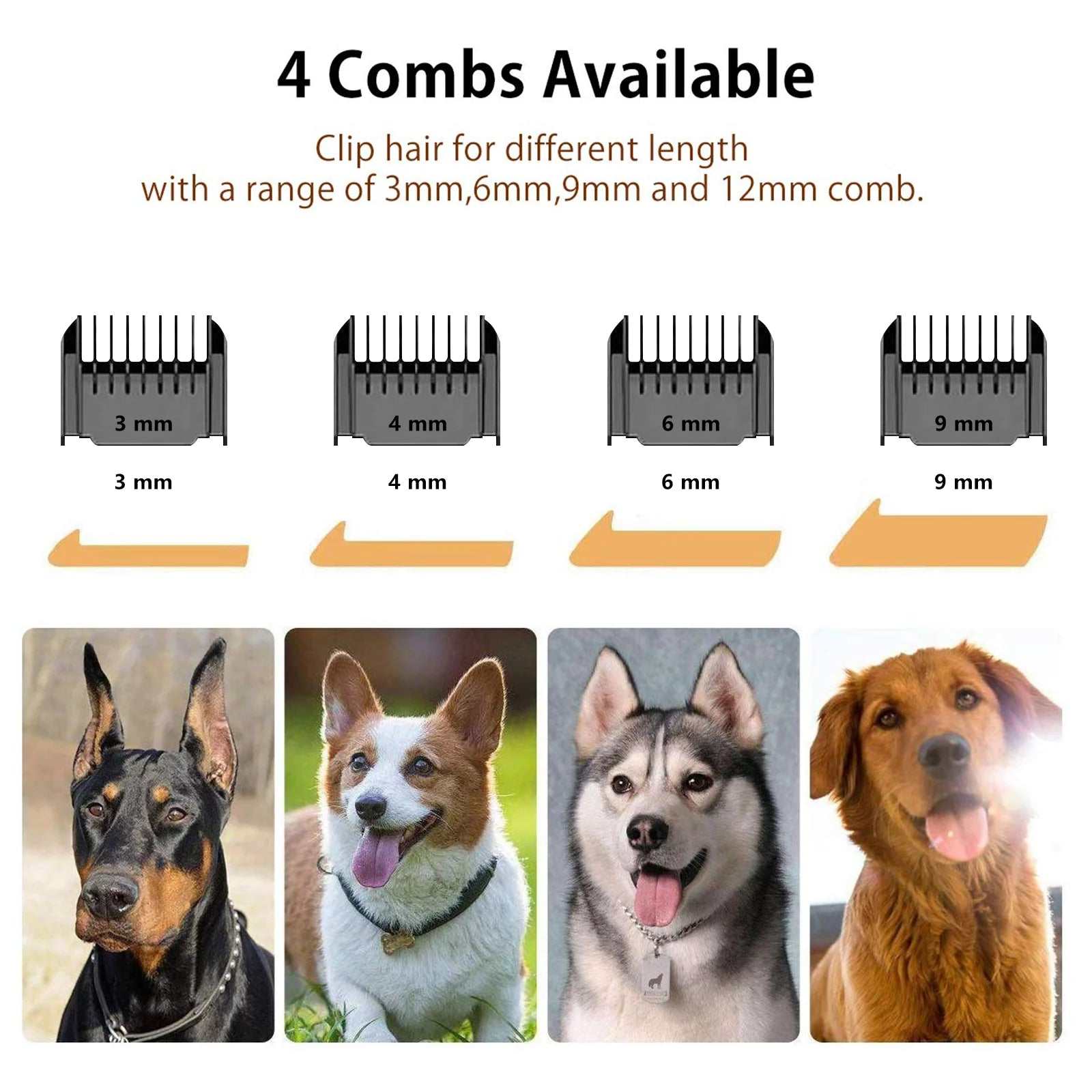 Cordless dog hair trimmer set with four combs for different hair lengths including 3mm, 6mm, 9mm and 12mm.