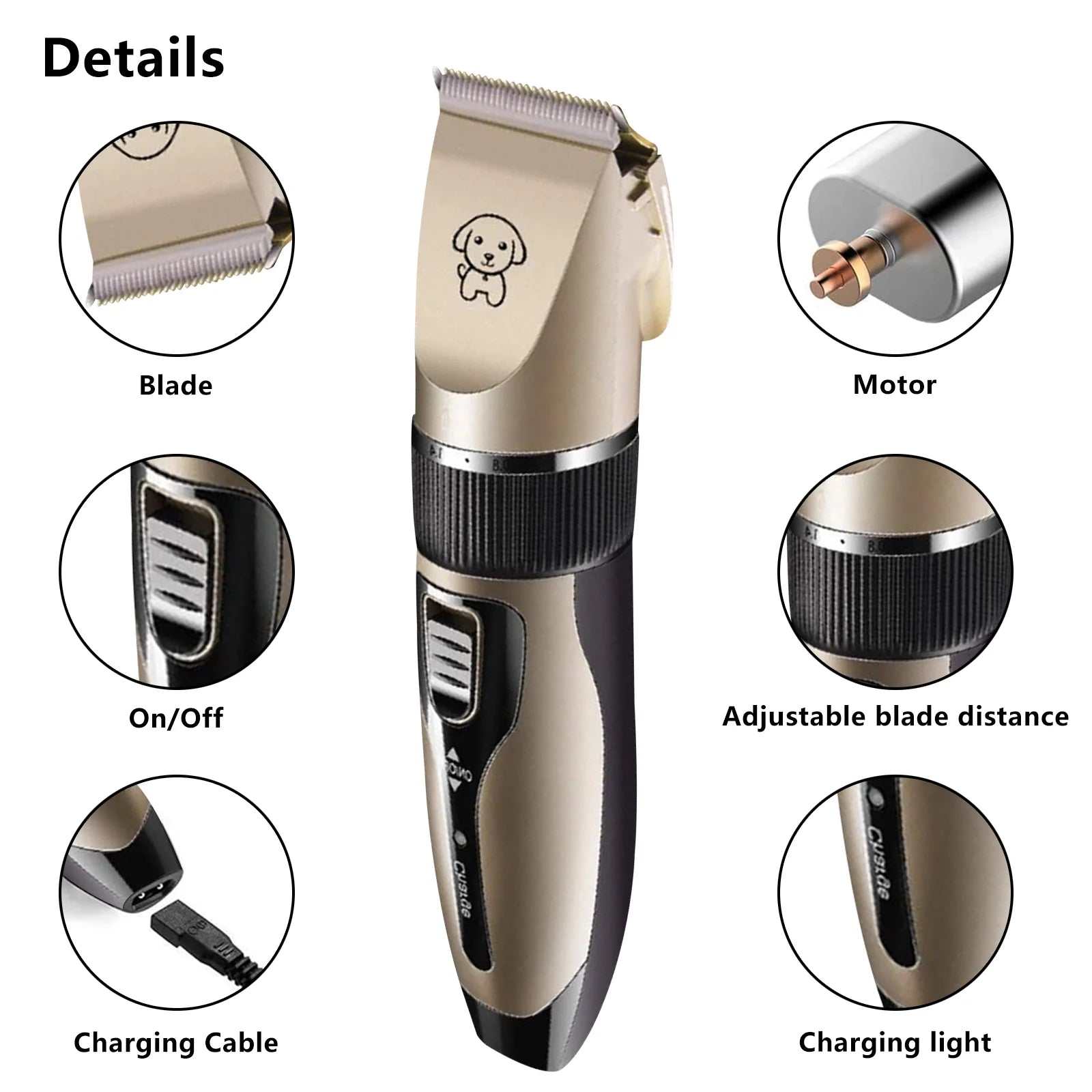 Cordless dog hair trimmer set with adjustable blade distance and charging light for easy grooming