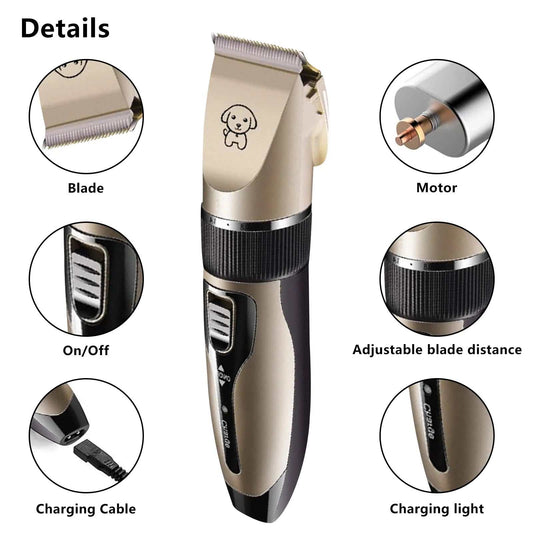 Cordless dog hair trimmer set with adjustable blade distance and charging light for easy grooming