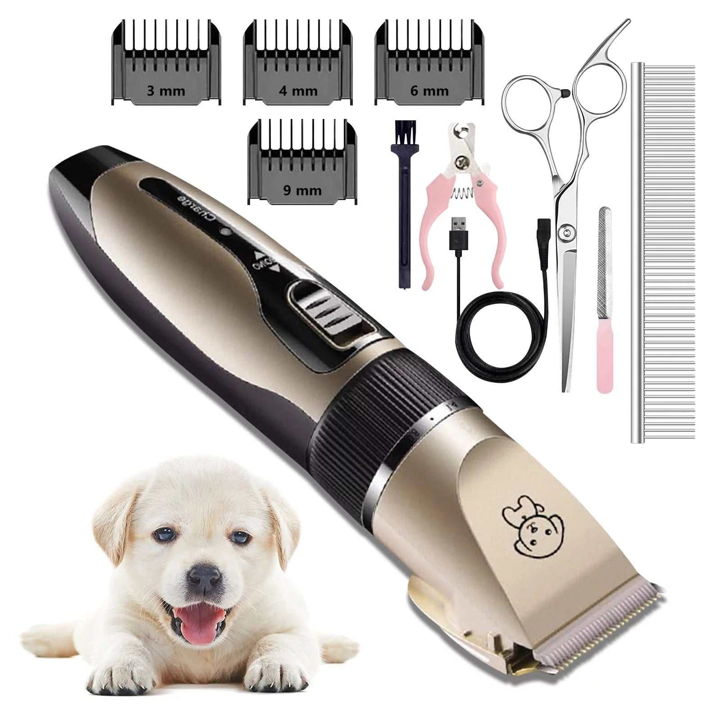 Cordless dog hair trimmer set with various comb attachments and grooming tools for easy pet grooming