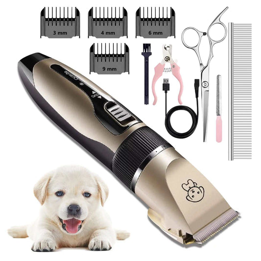 Cordless dog hair trimmer set with various comb attachments and grooming tools for easy pet grooming