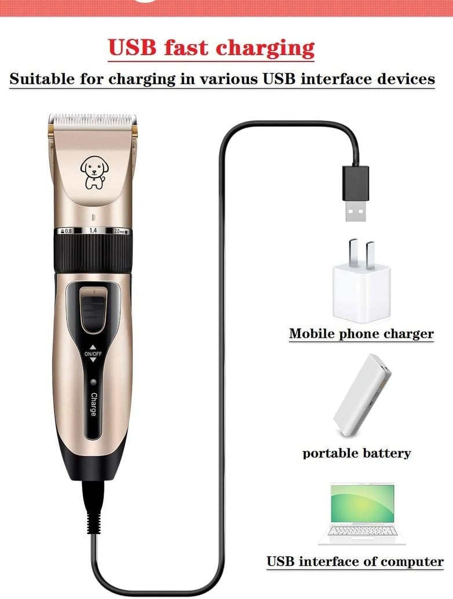 Cordless dog hair trimmer set with USB fast charging and various charging options for easy grooming