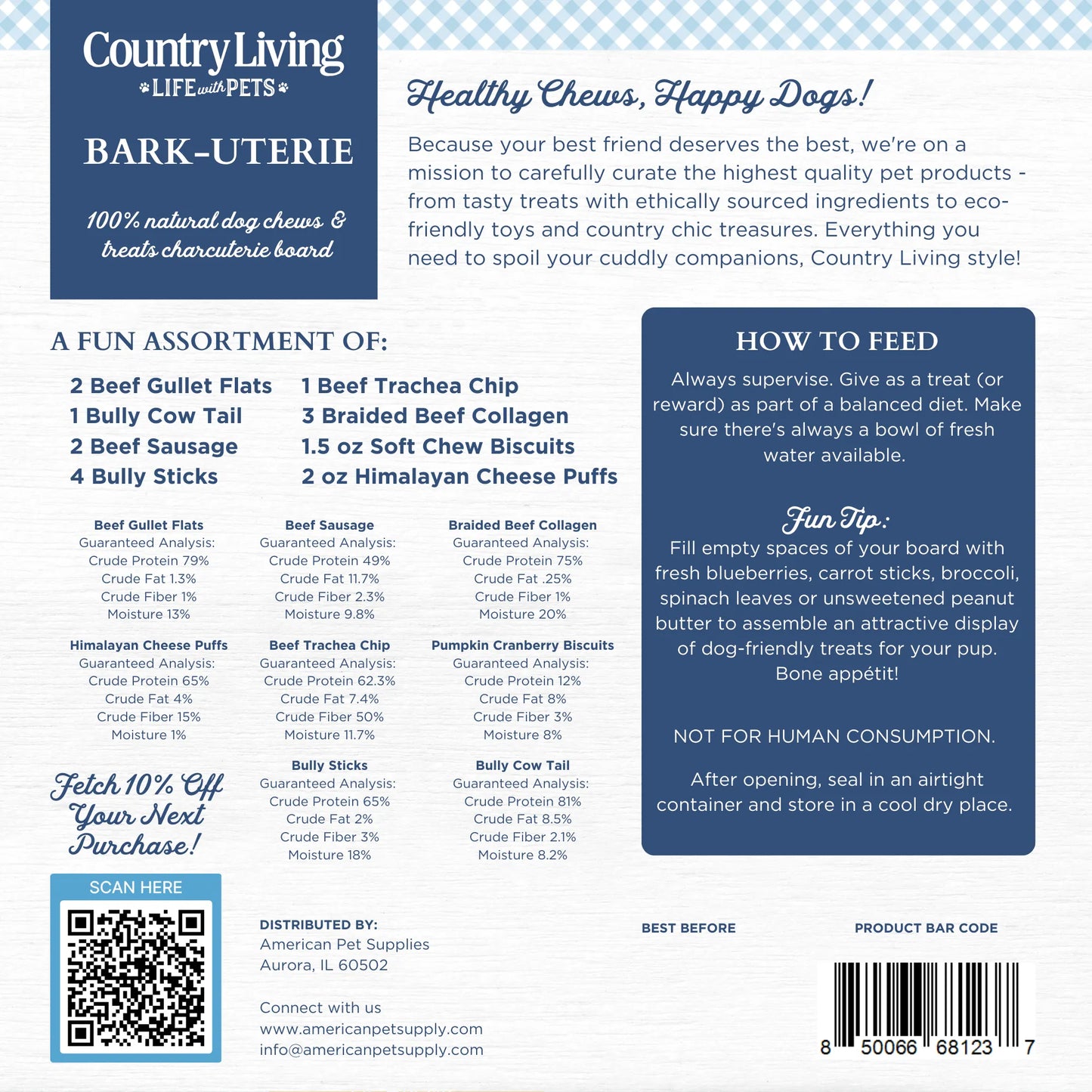 Country Living Bark-Uterie Board by American Pet Supplies, natural dog treats in a rustic design, priced at $29.99.